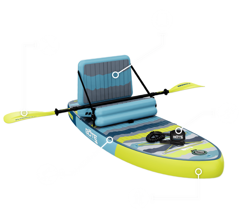 Angled view of Kids FlowRider Aero showing seat, paddle, pump, and coiled leash.