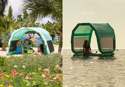 Split image of the same Inflatable canopy, one on a sandy beach with 4 people relaxing in the shade, and one of the canopy on a floating platform in the wate with one woman relaxing on the water.
