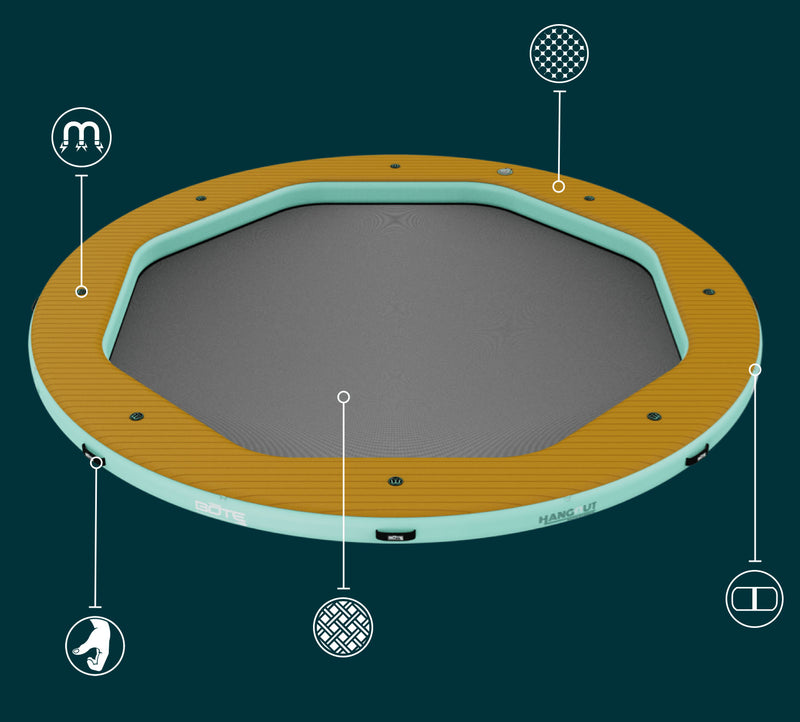 Top view of the Hangout Water Hammock showing mesh center, grab handles, and padded outer ring.