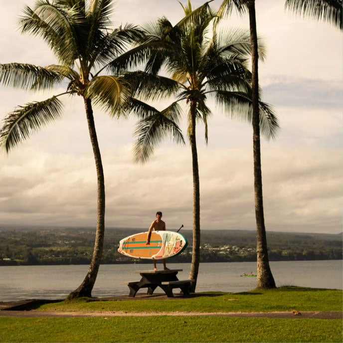 Man holds a paddleboard while standing near a picnic table beneath tall palm trees by the water.