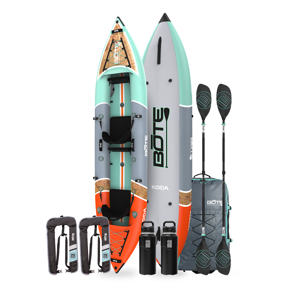 Top, base, and side views of Koda Aero Tandem Package with paddles, seats, bag, and drinkware.