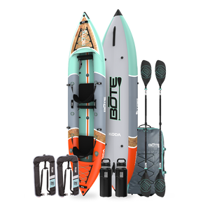 Top, base, and side views of Koda Aero Tandem Package with paddles, seats, bag, and drinkware.