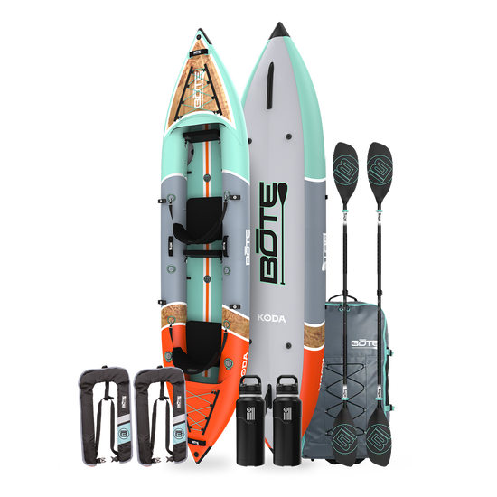 Top, base, and side views of Koda Aero Tandem Package with paddles, seats, bag, and drinkware.