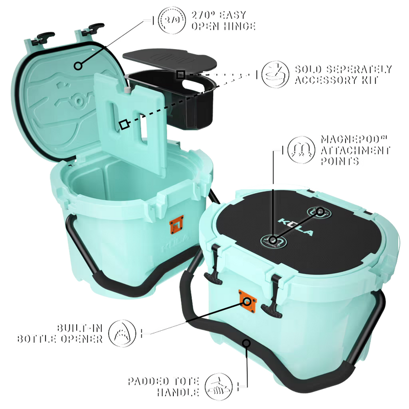 Diagram of the KULA 10 cooler showing hinge, handle, bottle opener, and MAGNEPOD points.