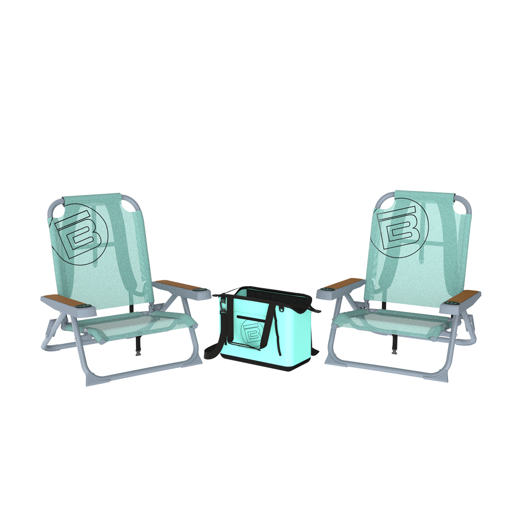 Two teal low-profile beach chairs with wood style armrests and a matching teal soft cooler.