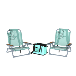 Two teal low-profile beach chairs with wood style armrests and a matching teal soft cooler.