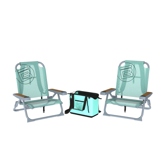 Two teal low-profile beach chairs with wood style armrests and a matching teal soft cooler.
