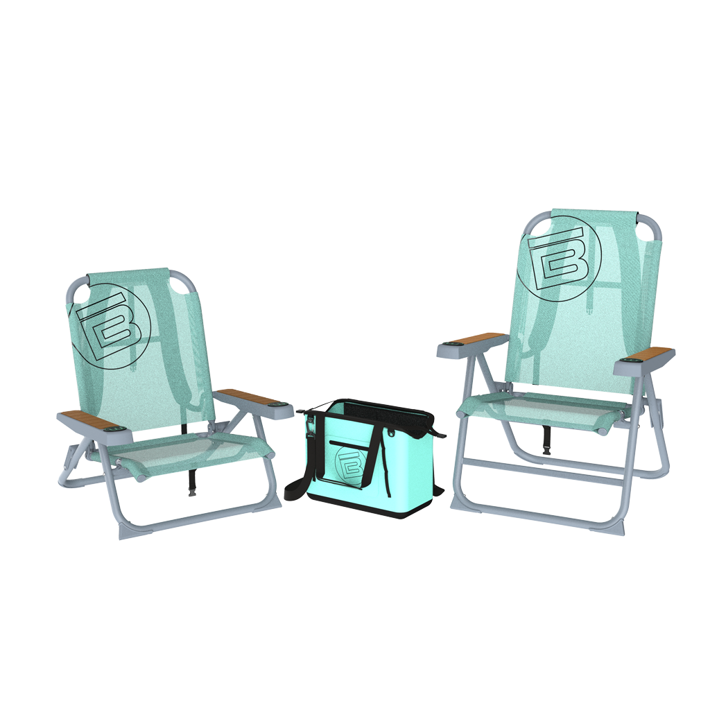 One tall and one low-profile teal folding beach chair with wood armrests and a teal soft cooler bag.