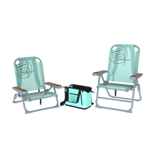 One tall and one low-profile teal folding beach chair with wood armrests and a teal soft cooler bag.