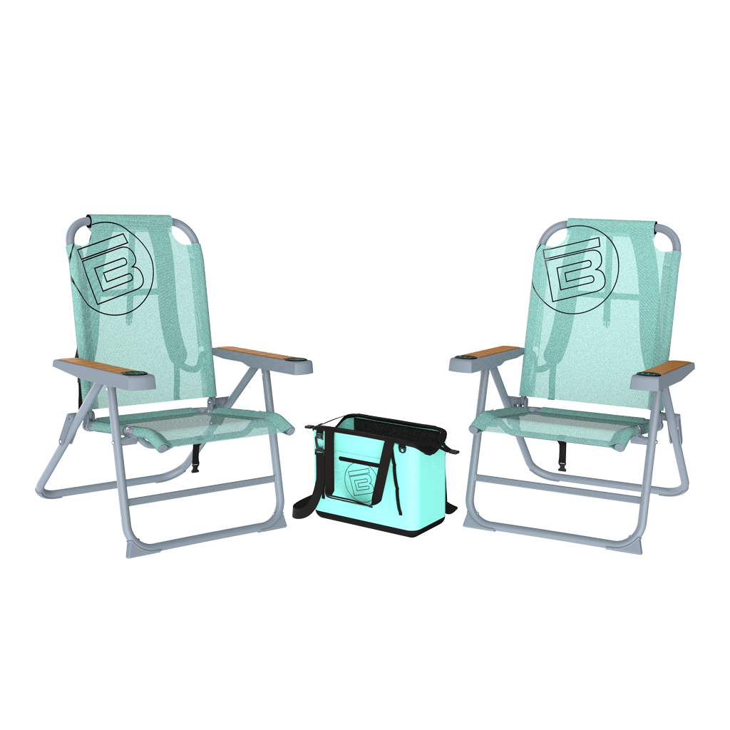 Two teal folding beach chairs with wood style armrests and a matching teal soft cooler bag.