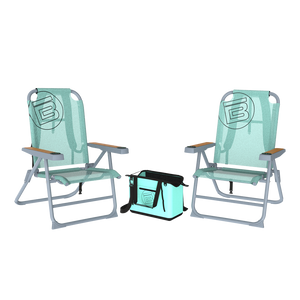 Two teal folding beach chairs with wood style armrests and a matching teal soft cooler bag.