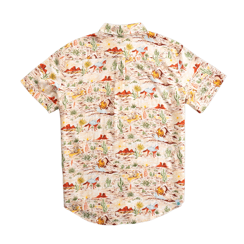 Short-sleeve shirt with a colorful desert-themed pattern on a white background