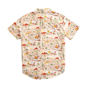 Short-sleeve shirt with a colorful desert-themed pattern on a white background
