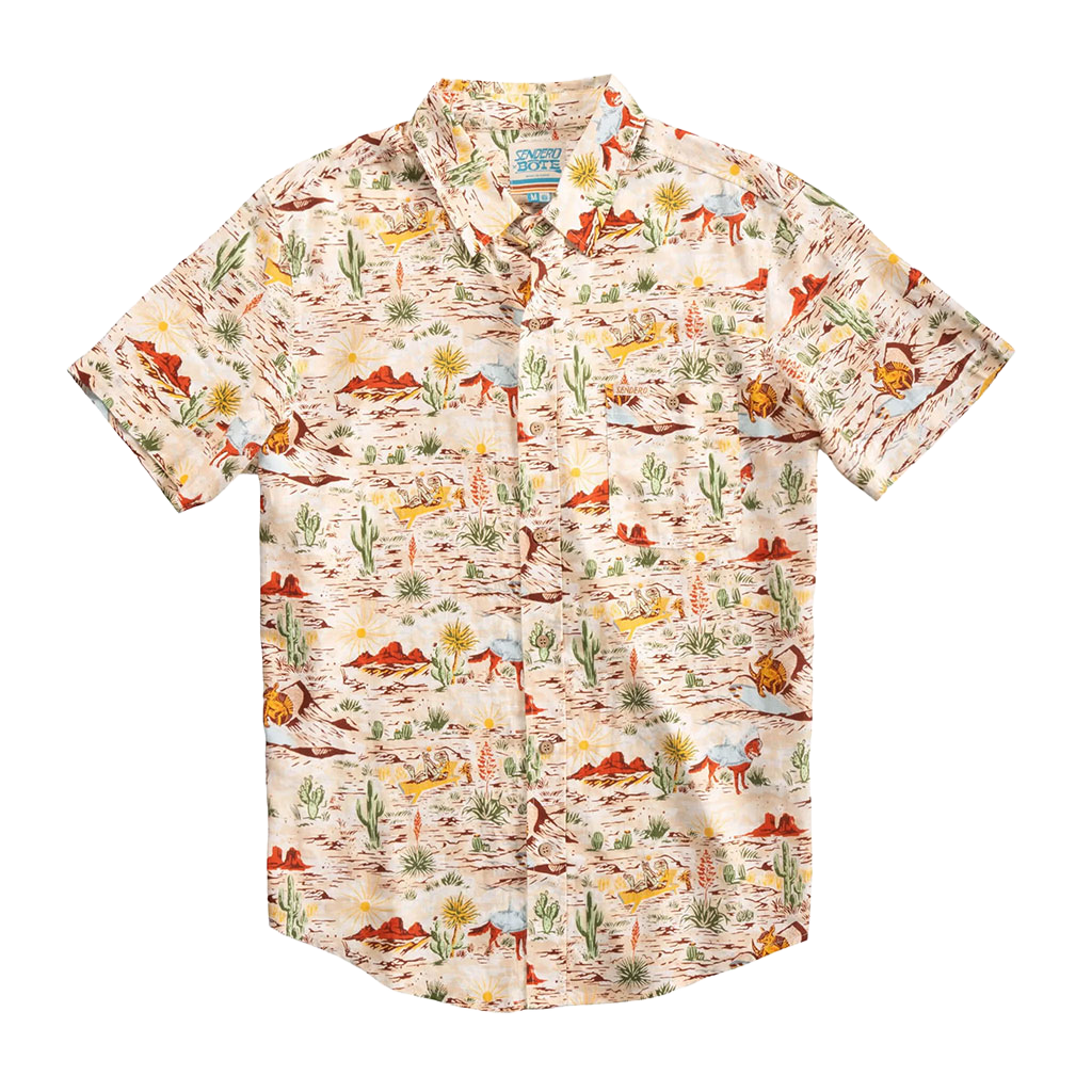 Short-sleeve shirt with a colorful desert-themed pattern on a white background