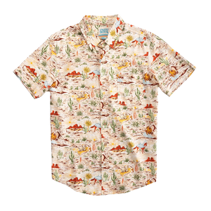 Short-sleeve shirt with a colorful desert-themed pattern on a white background