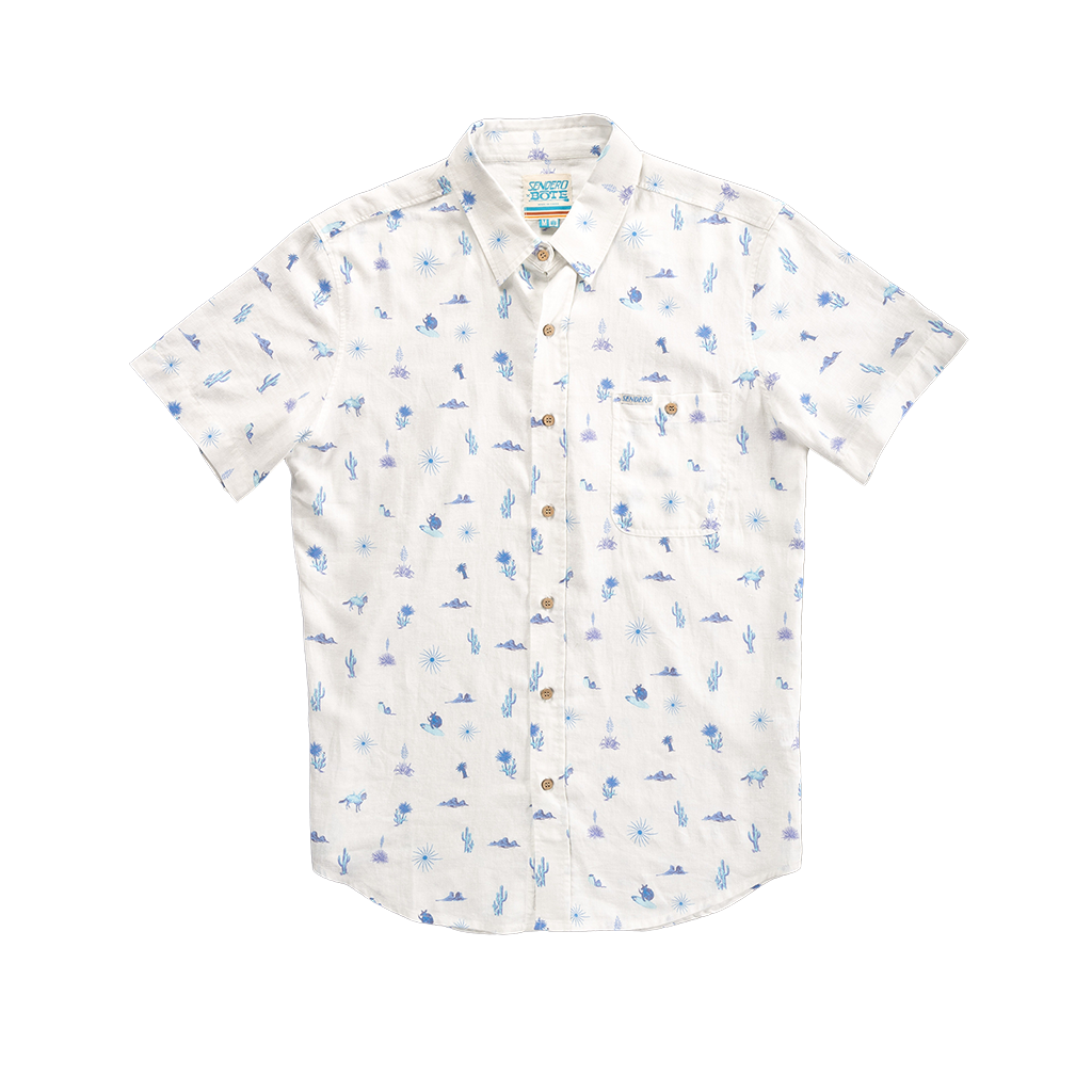 White short-sleeve shirt with blue cactus, sun and other pattern on a white background