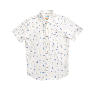 White short-sleeve shirt with blue cactus, sun and other pattern on a white background