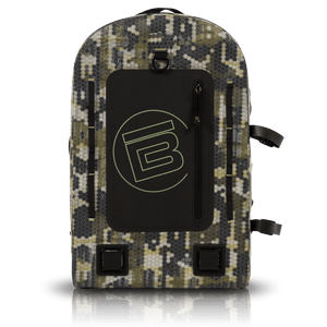 Front of the Verge Camo Highwater Backpack with circle B accent