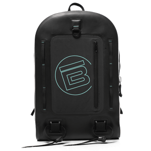 Front of the black Highwater Backpack with seafoam circle B accent