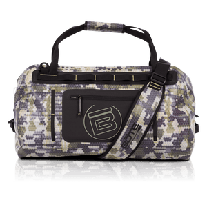 Front of the Verge Camo Highwater Duffel with circle B logo on front stash pocket