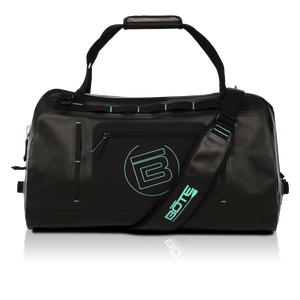 Black Highwater Duffel with seafoam circle B logo and seafoam accents