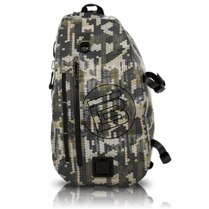 Front of the Verge Camo Highwater Slingpack with black circle B logo