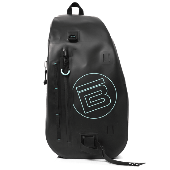 Front of the black Highwater Slingpack with seafoam circle B logo