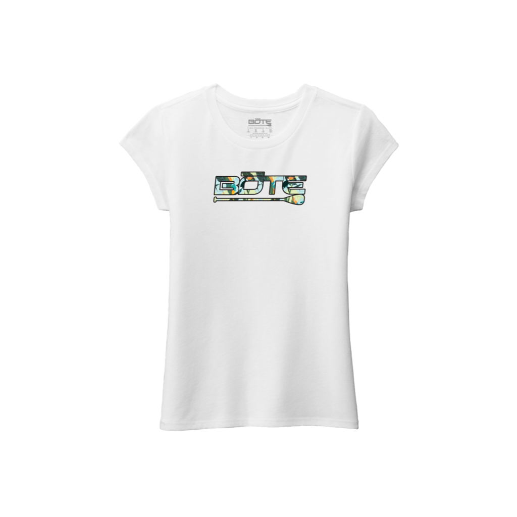 Front view of the Youth Girl's Paradise Logo Tee