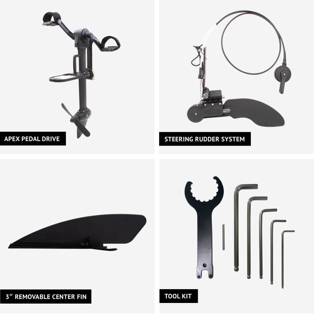 Included items of the APEX Pedal Drive and Rudder System