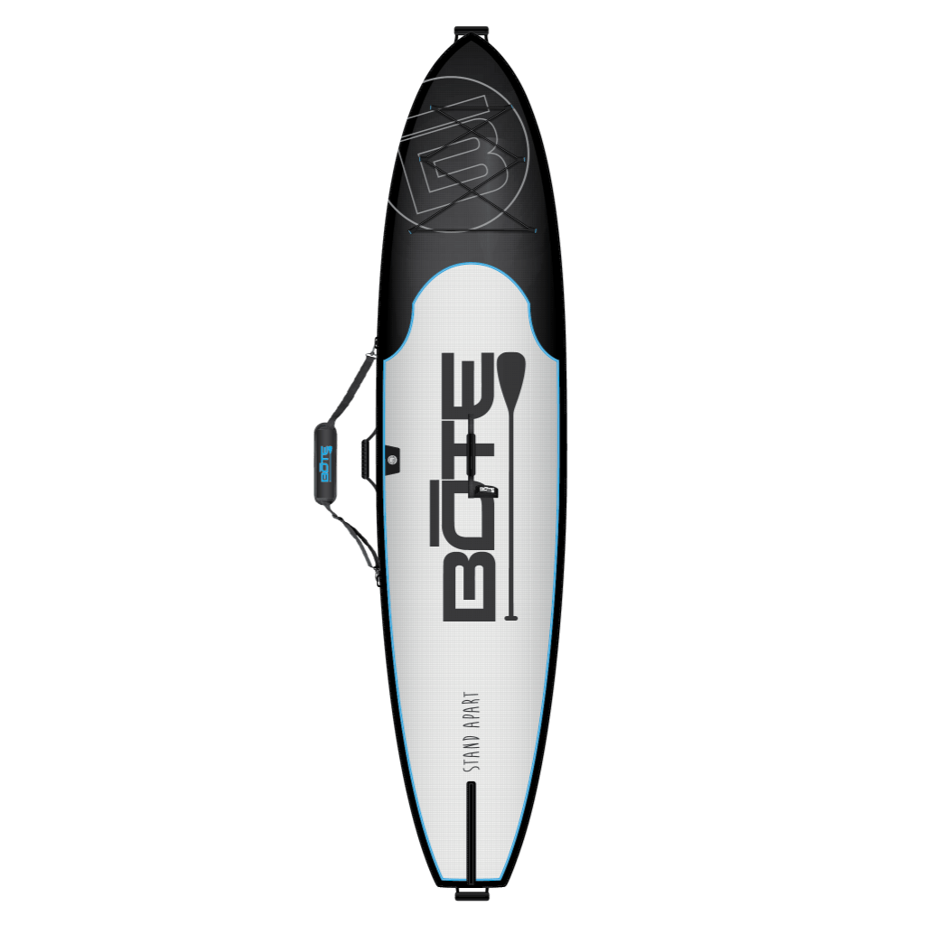 Front of a board bag including extra strap to hold paddle
