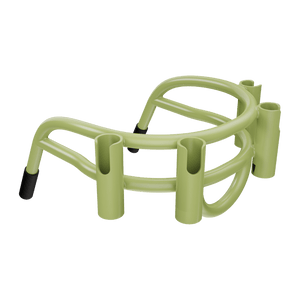 Angled top view of Bucket Rac Olive showing four rod holders and curved frame.