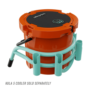 Bucket Rac Seafoam shown on orange KULA cooler with black handle raised.