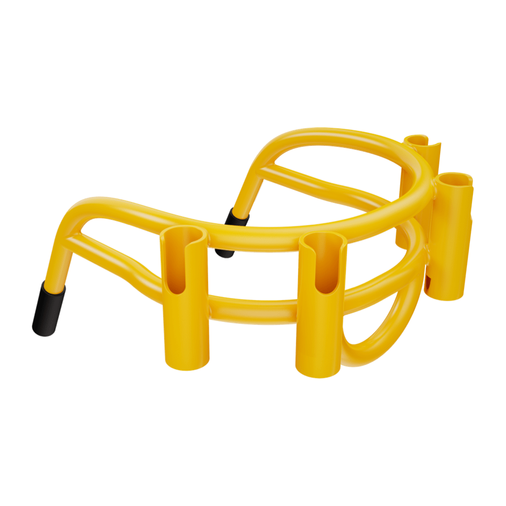 Angled view of Bucket Rac Yellow with four rod holders and black end caps.