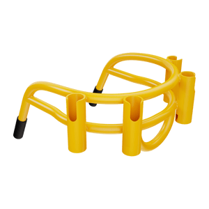 Angled view of Bucket Rac Yellow with four rod holders and black end caps.