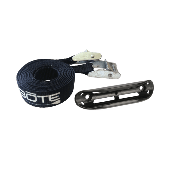 Two cooler tie-down straps with cam buckles and paddle clip that can be screwed into wall or onto cooler to hold your paddle in place