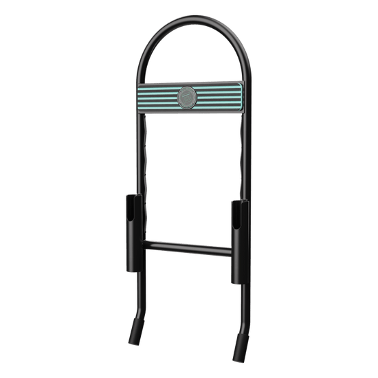 Angled view of Grab Rac Black with curved top, striped logo panel, and dual rod holders.