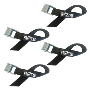 Top view of four black BOTE DockLink II straps with metal buckles arranged diagonally.