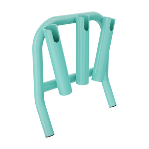 Angled view of Mini Rocket Rac Seafoam with three rod holders and curved frame.