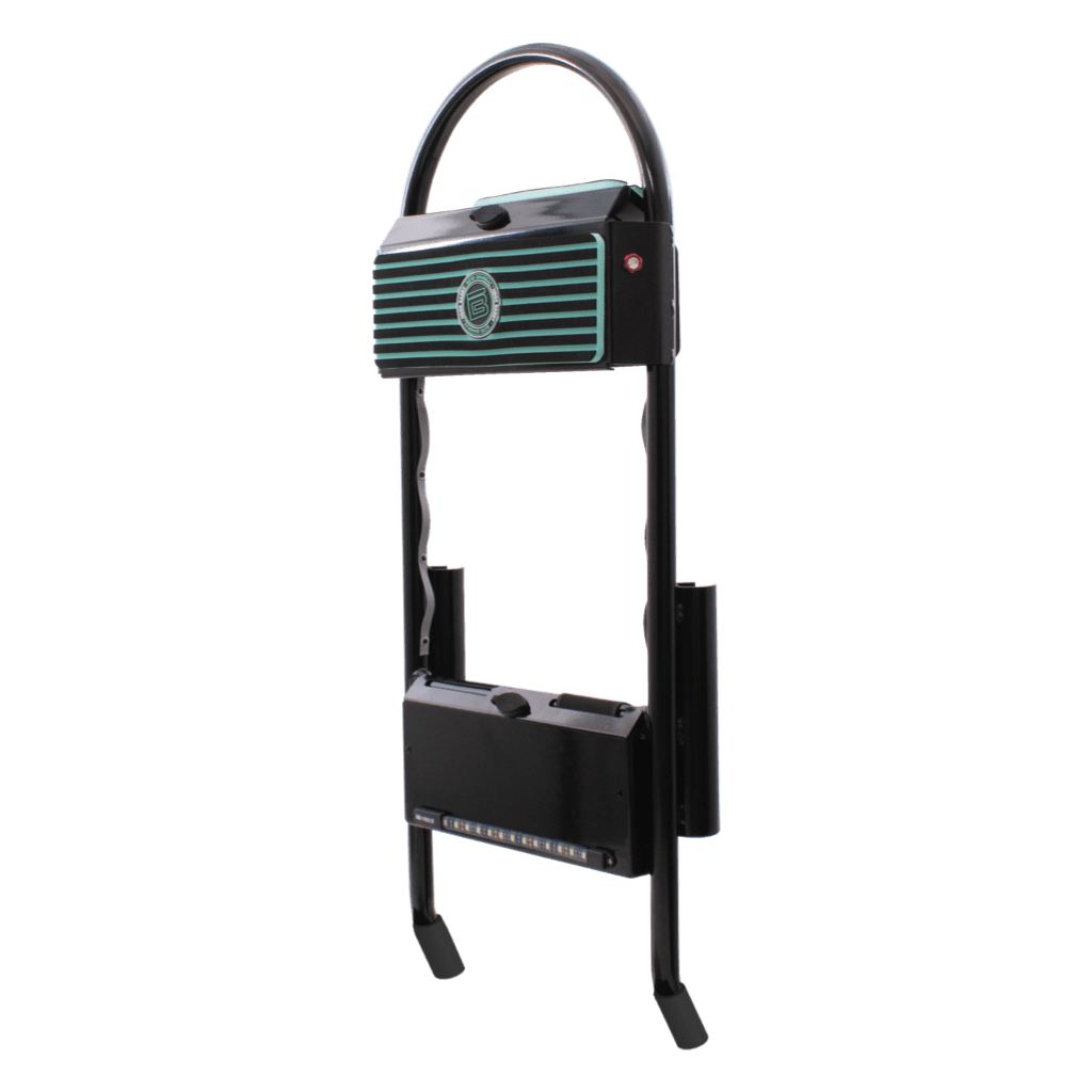 Angled front view of Power Rac showing storage lid, LED strip, and BOTE logo panel.