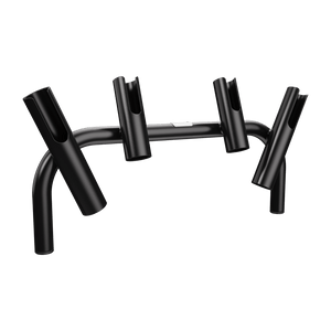Angled view of Rocket Rac Black with four tilted rod holders on arched frame.