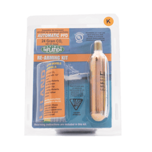 Front view of the 24g Automatic PFD Rearming Kit in retail packaging with CO₂ cylinder visible.
