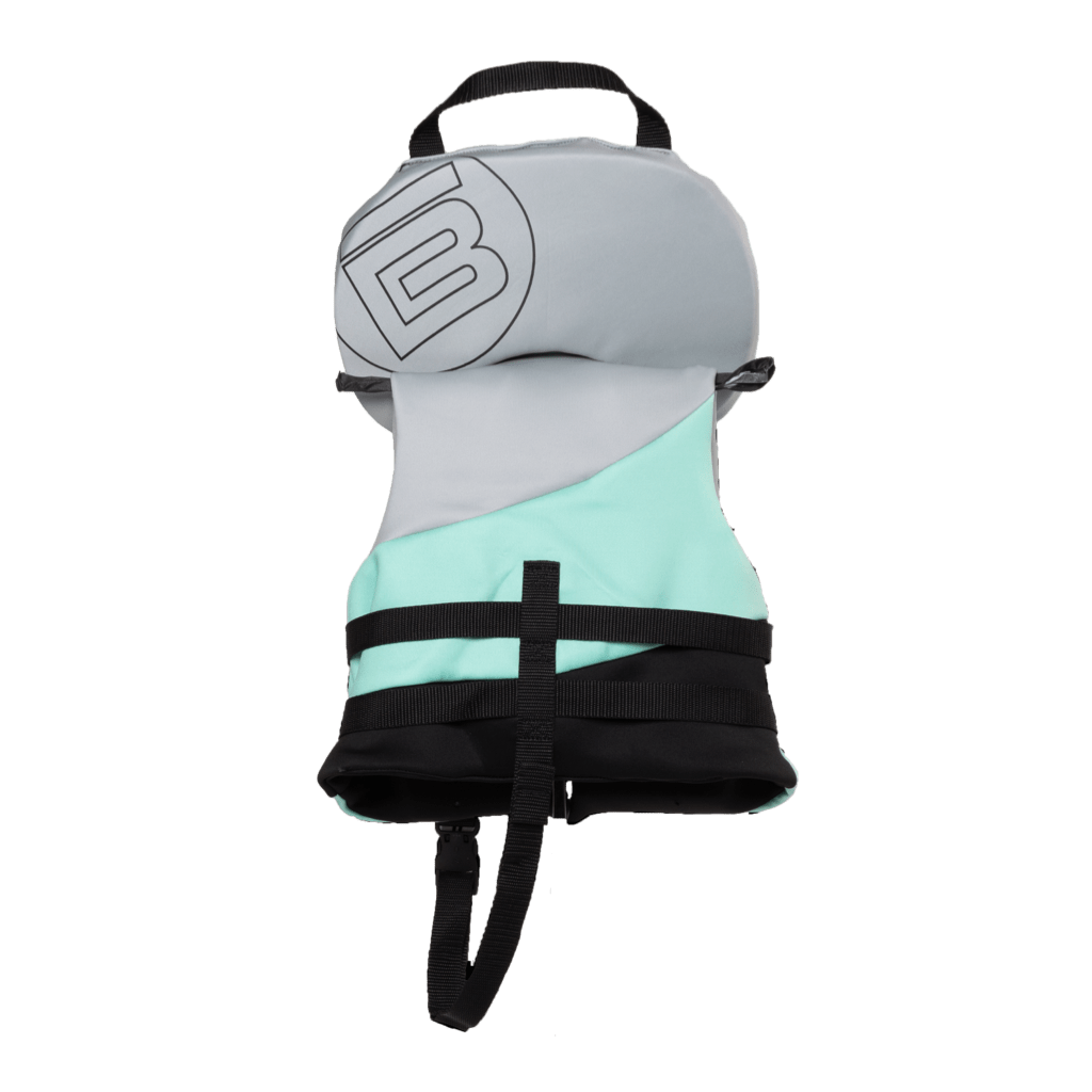 Rear view of the BOTE Infant Foam PFD Vest showing color blocking, grab handle, and safety strap.