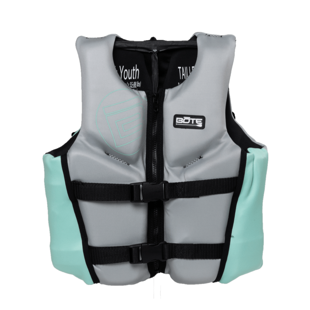 Front view of the BOTE Youth Foam PFD Vest in gray and teal with black buckle straps.