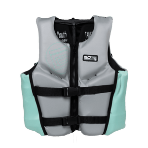 Front view of the BOTE Youth Foam PFD Vest in gray and teal with black buckle straps.