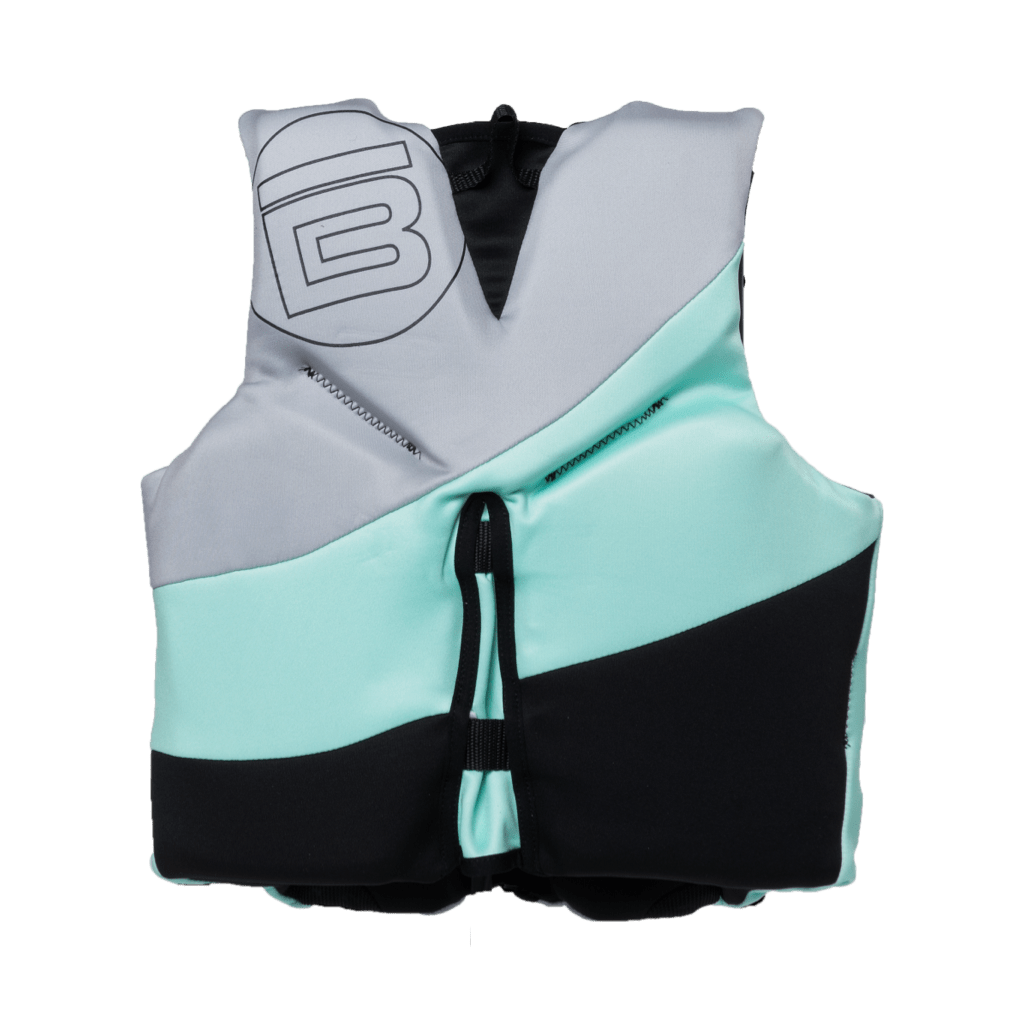 Rear view of the BOTE Youth Foam PFD Vest showing teal, gray, and black color blocking.